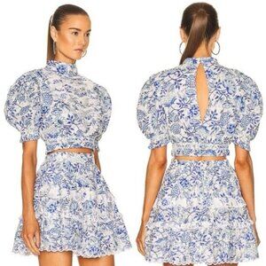 Hemant & Nandita Mala Crop Top S Cobalt White Floral Ruffle Lace Keyhole Cutout